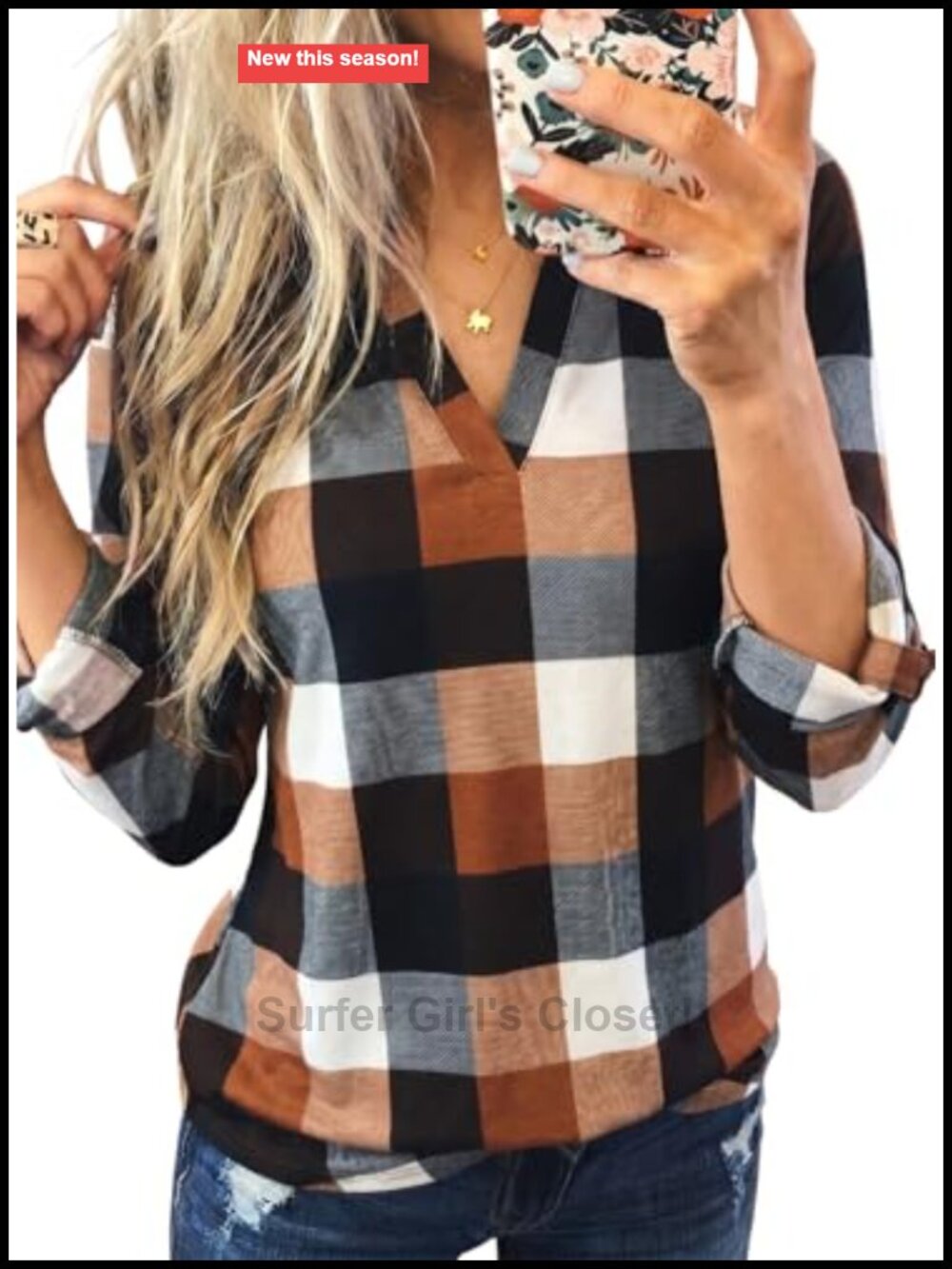 Womens Plaid Cotton Cuffed 3/4 Sleeve Button Down Shirt Blouse Top